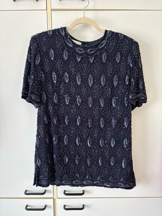 Frank Usher Navy Beaded Embroidered Top Heavy Luxe Blouse Event Quiet Luxury S - Picture 2 of 16
